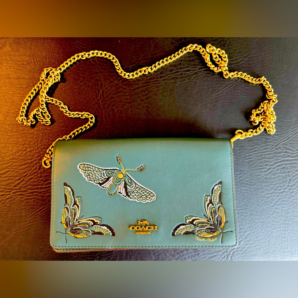 Coach Callie dark green Foldover Chain Clutch With butterfly and floral Tattoo